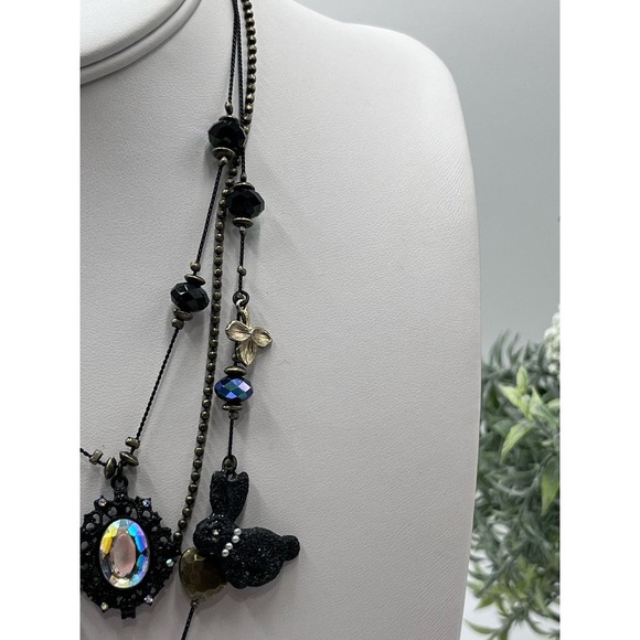Betsey Johnson Dark Forest Triple Strand Gunmetal Necklace Fox Rabbit Charms - Picture 3 of 16